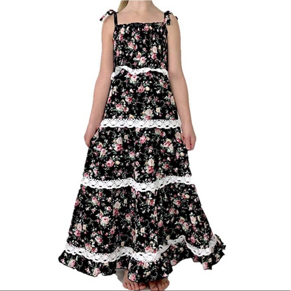 Girls Smocked Floral Lace Tiered Maxi Dress. - Picture 2 of 3